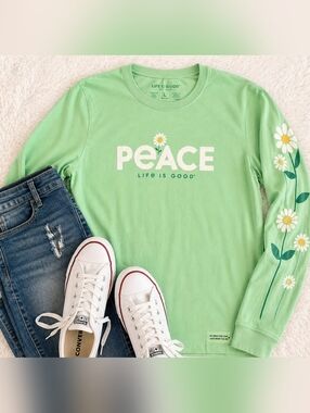 Life is Good Peace Daisy Long Sleeve Tee Women’s Large Green Graphic Shirt